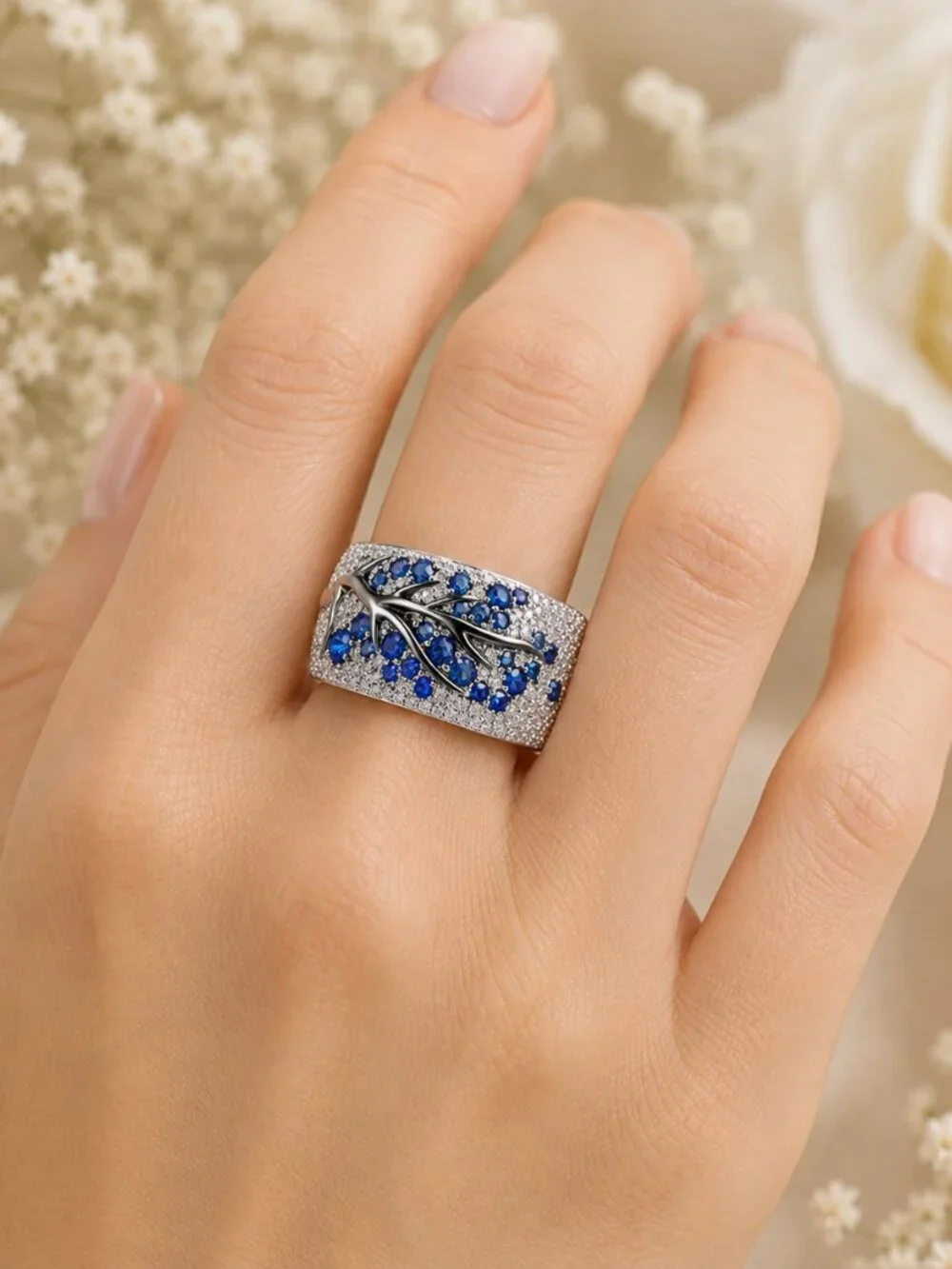 Silver Plum Tree Branch Blue Crystal Statement Ring Micro Pave SZ 6 NWT